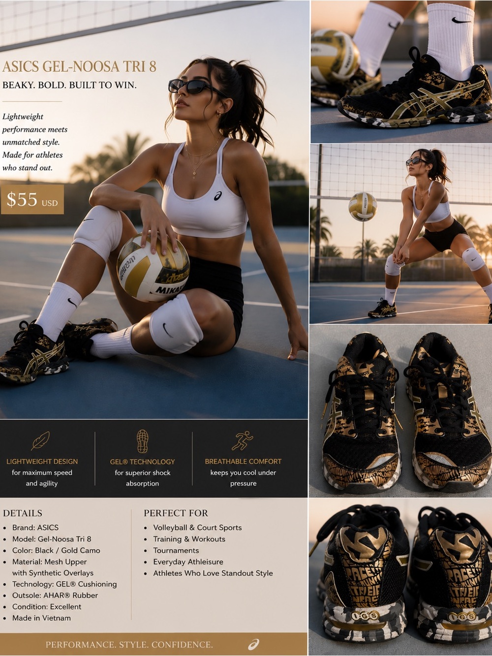 ASICS Gel-Noosa Tri 8 Black and Gold Camo Athletic Shoes